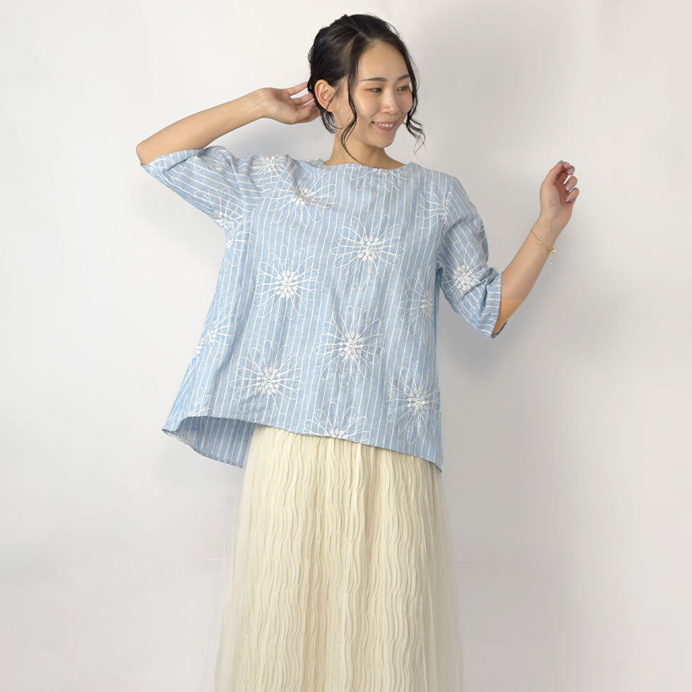 フラワー刺繍ストライプチュニック