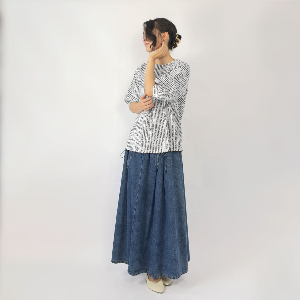 ストライプ花柄刺繍プルオーバーブラウス