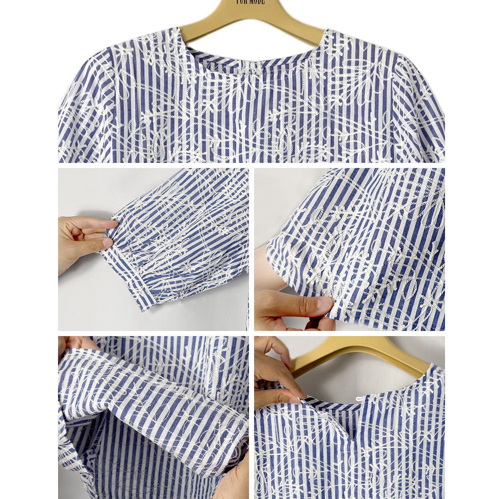 ストライプ花柄刺繍プルオーバーブラウス