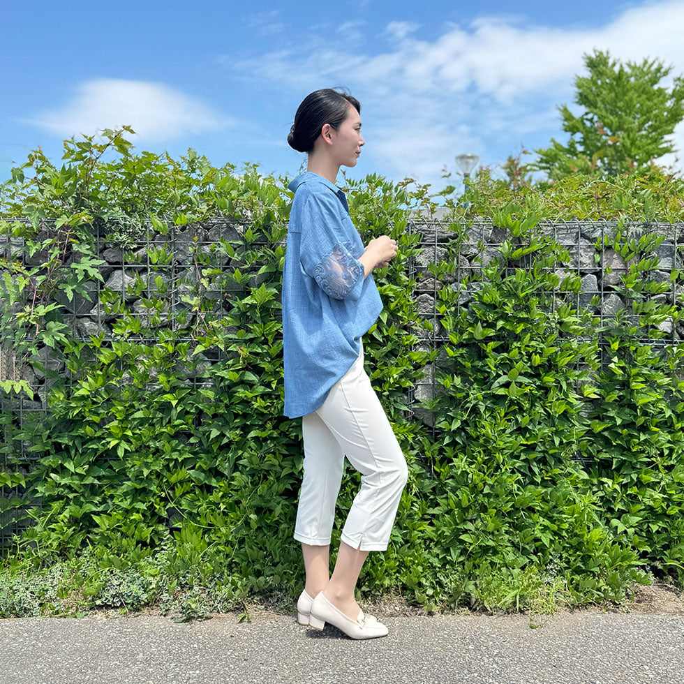 袖レース切り替えフェイクボタンPOブラウス