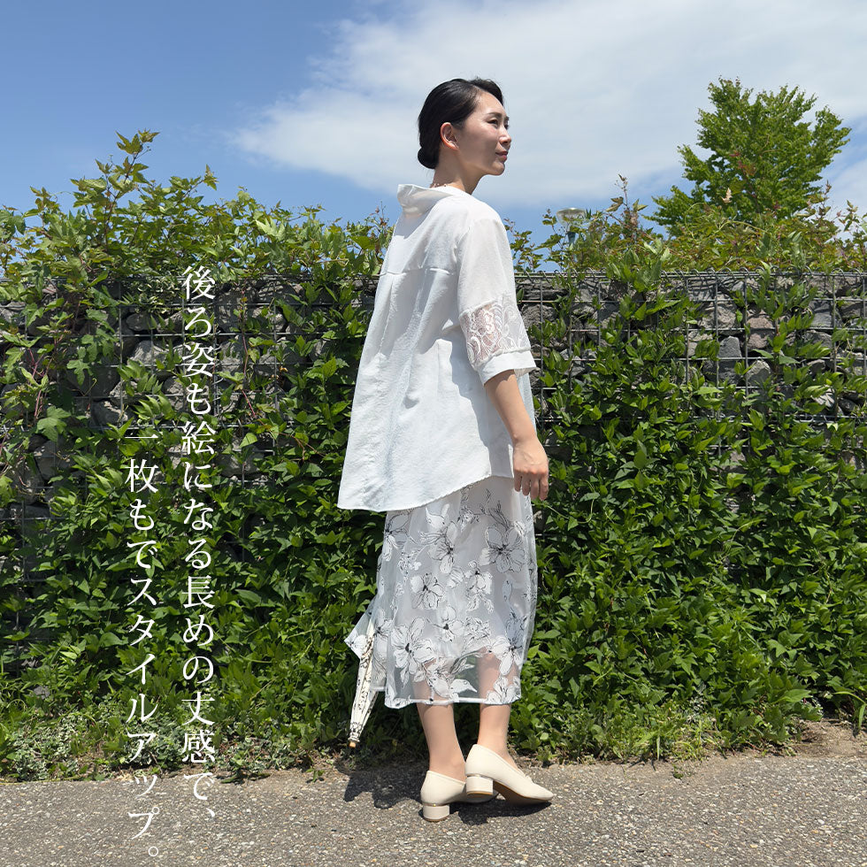 袖レース切り替えフェイクボタンPOブラウス