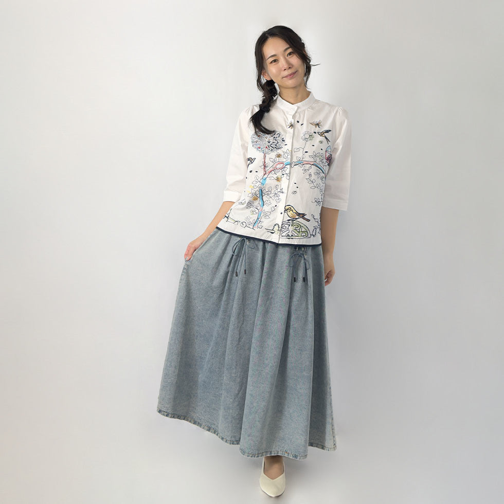 アート刺繍ノーカラーリラックスフィットブラウス