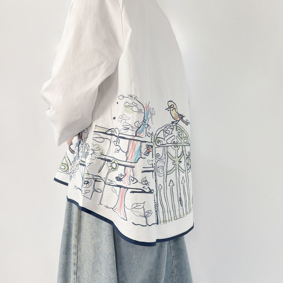 アート刺繍ノーカラーリラックスフィットブラウス