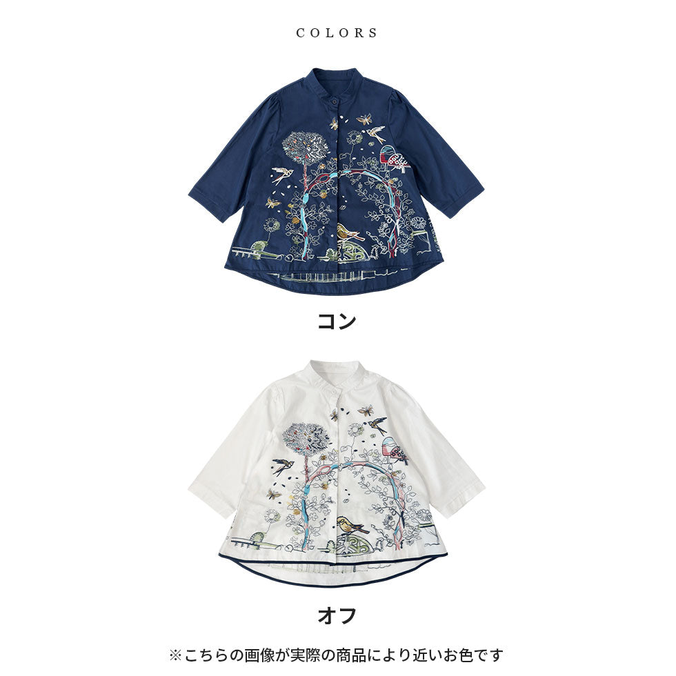 アート刺繍ノーカラーリラックスフィットブラウス