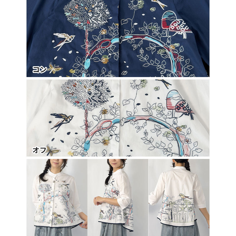 アート刺繍ノーカラーリラックスフィットブラウス