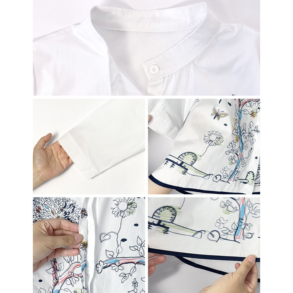 アート刺繍ノーカラーリラックスフィットブラウス