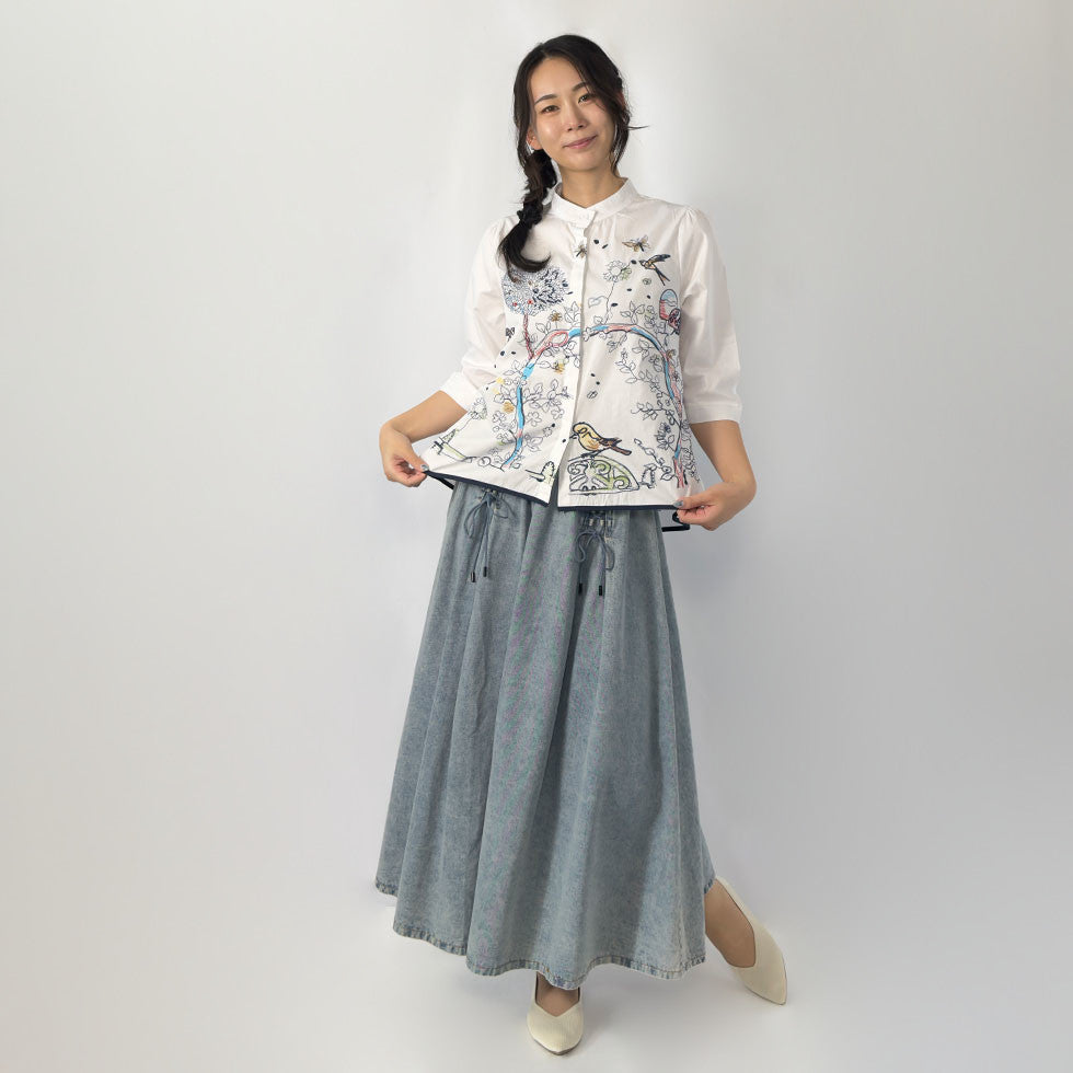 アート刺繍ノーカラーリラックスフィットブラウス