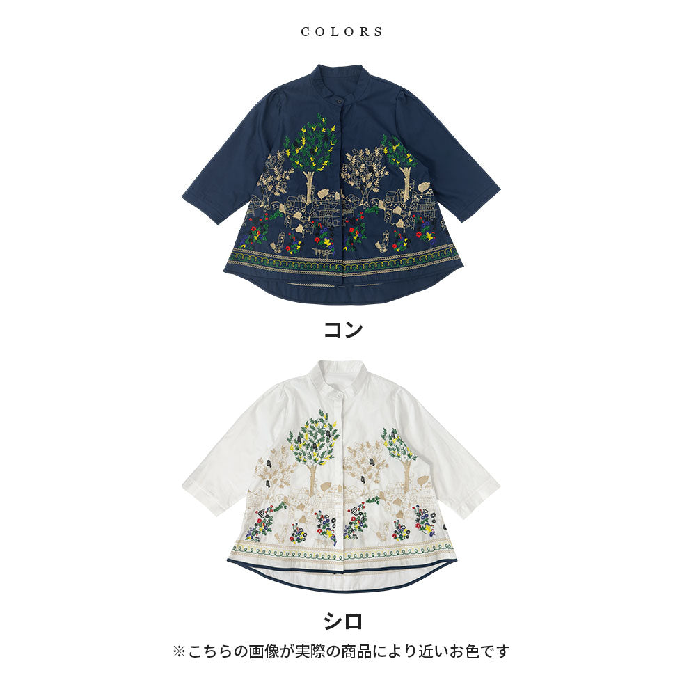 アート刺繍ノーカラーリラックスフィットブラウス