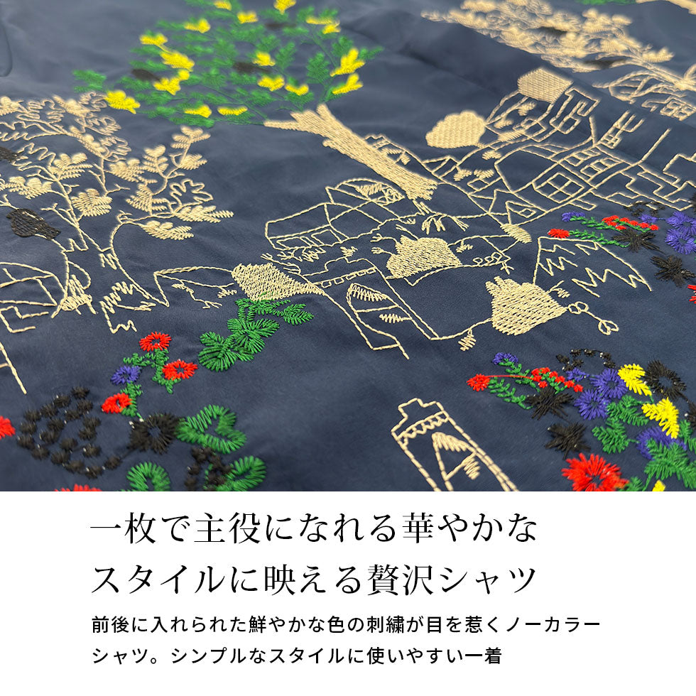 アート刺繍ノーカラーリラックスフィットブラウス