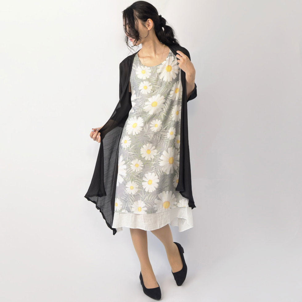 花柄ノースリーブワンピース×シアーカーディガン(アンサンブル)