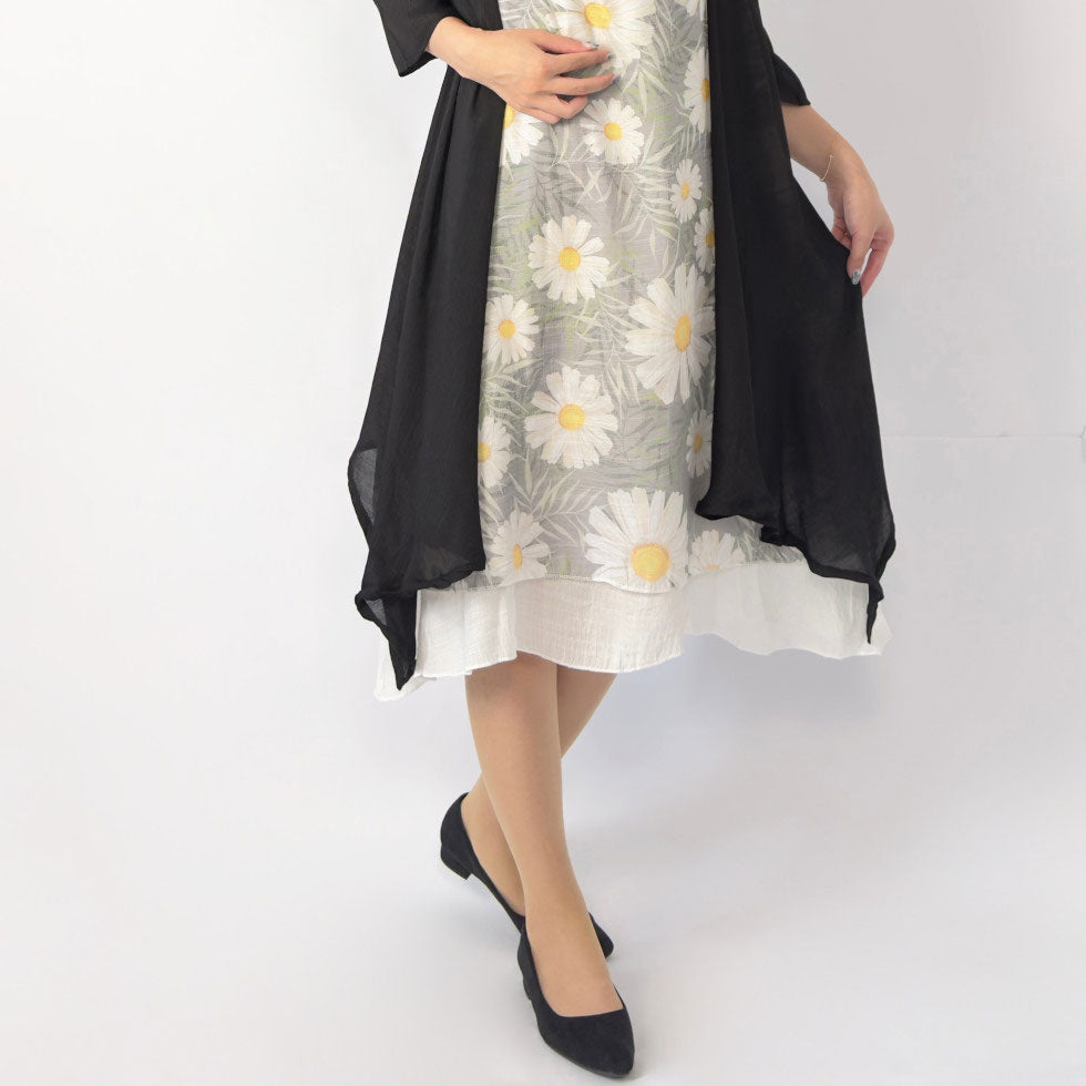 花柄ノースリーブワンピース×シアーカーディガン(アンサンブル)