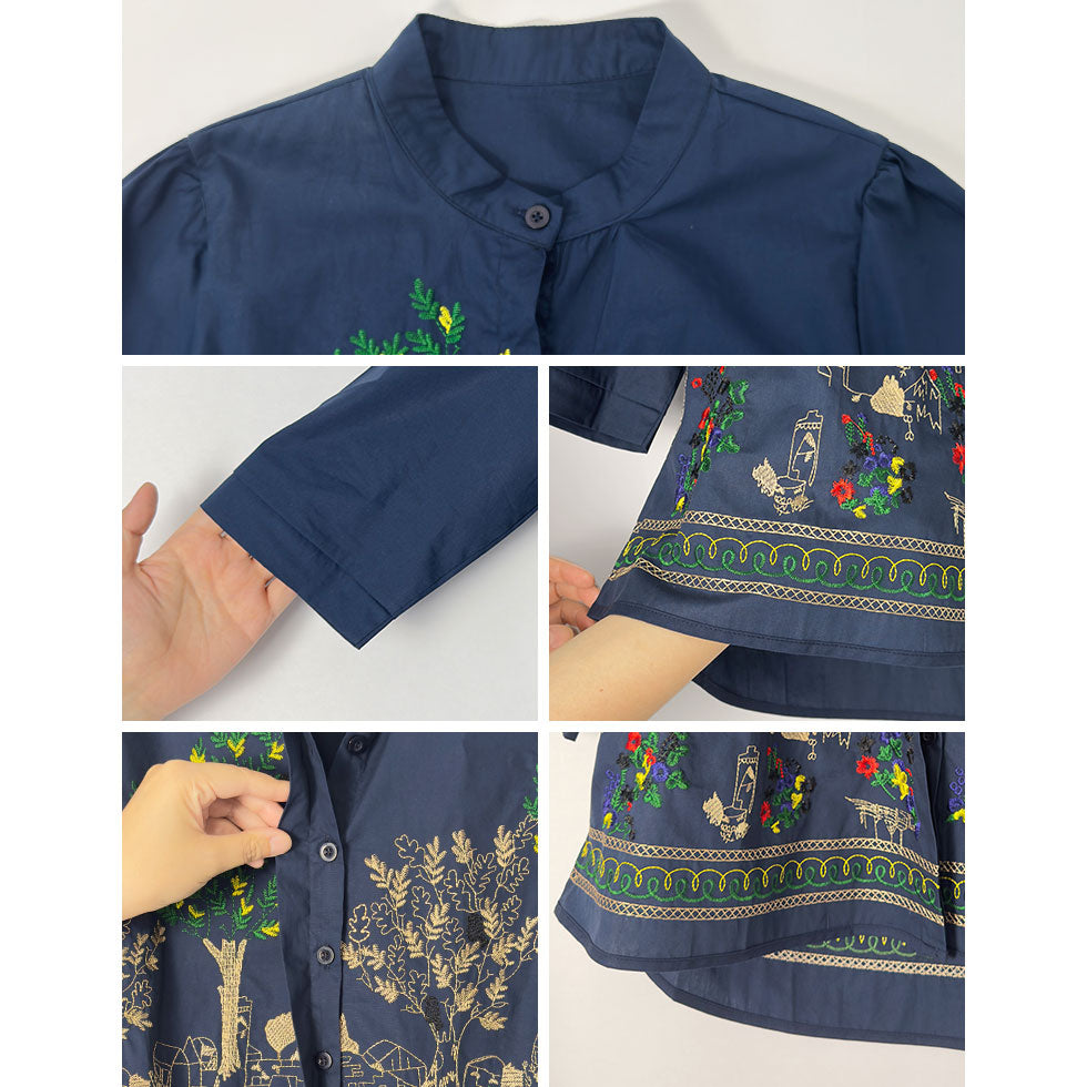 アート刺繍ノーカラーリラックスフィットブラウス