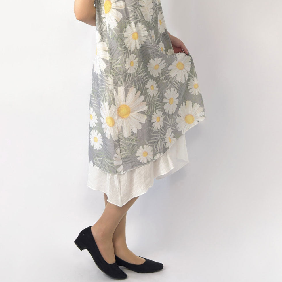 花柄ノースリーブワンピース×シアーカーディガン（アンサンブル）