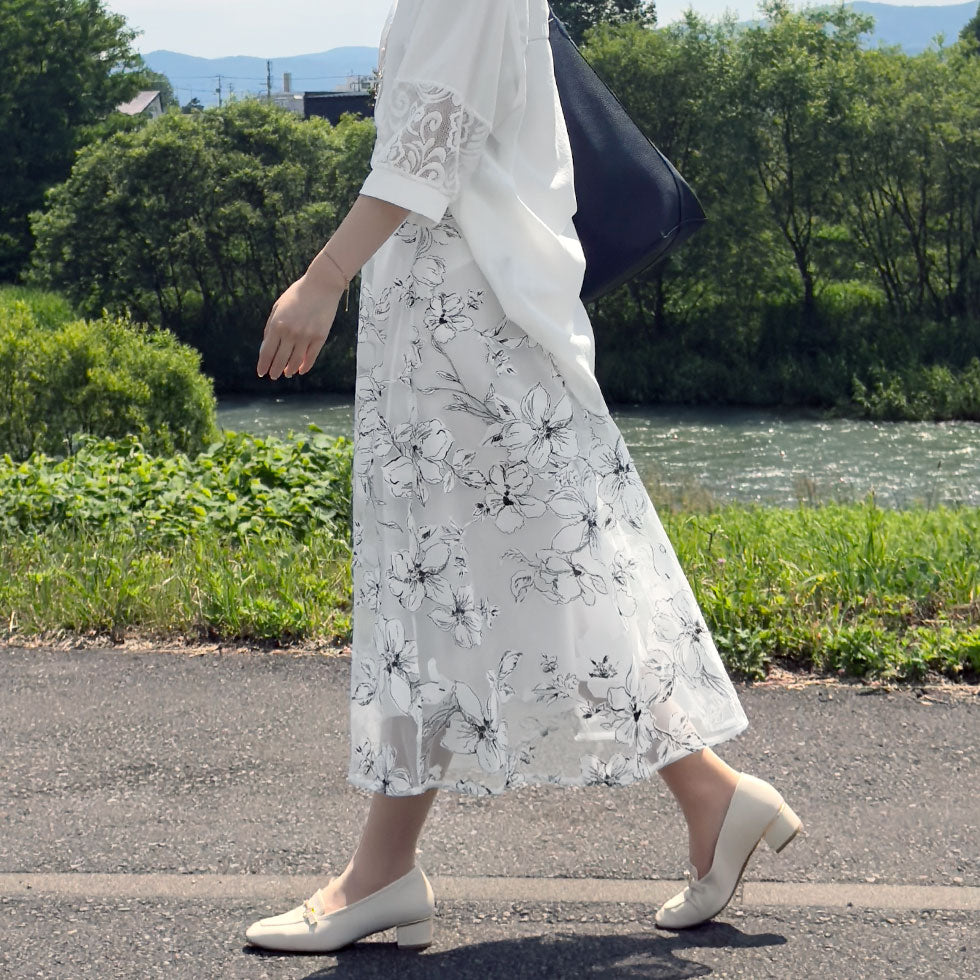 フラワーアートプリントチュールスカート