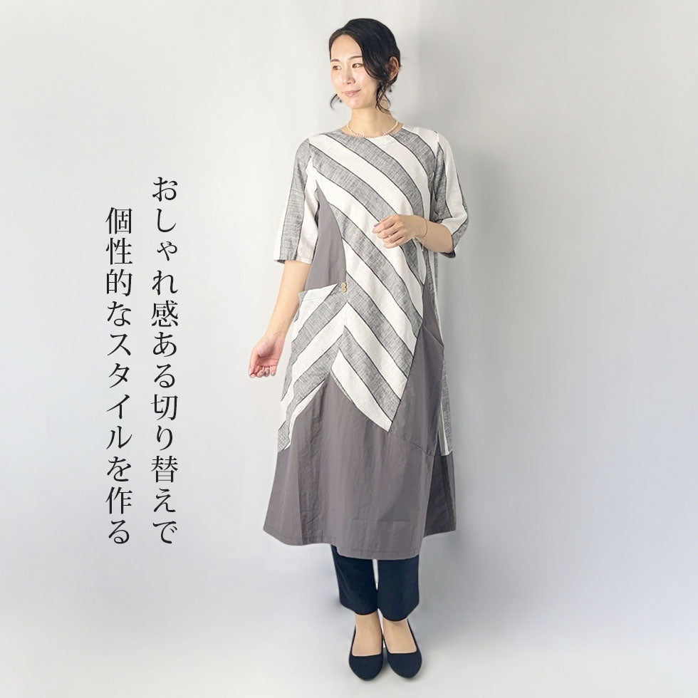 異素材斜め切り替えワンピース