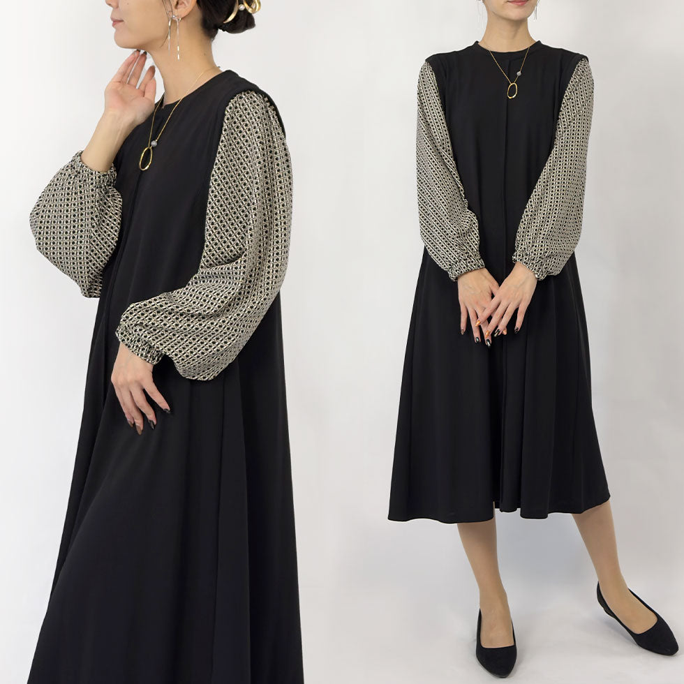 レトロチェックぽわん袖切り替えワンピース