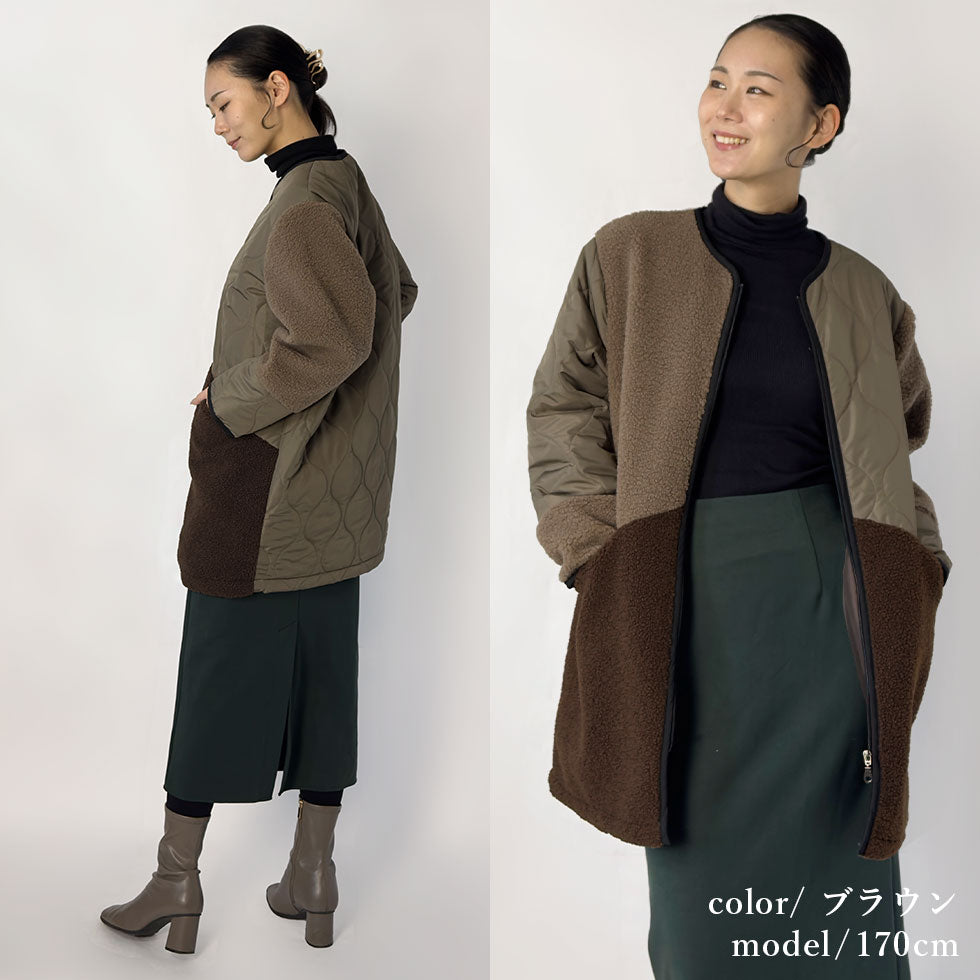 [45%OFF]ボアキルティング切り替えミドル丈コート