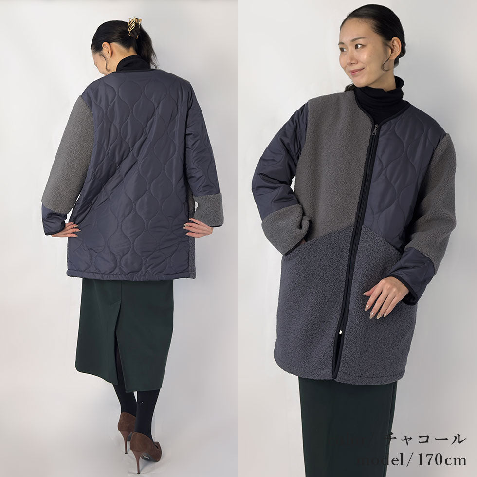 [45%OFF]ボアキルティング切り替えミドル丈コート